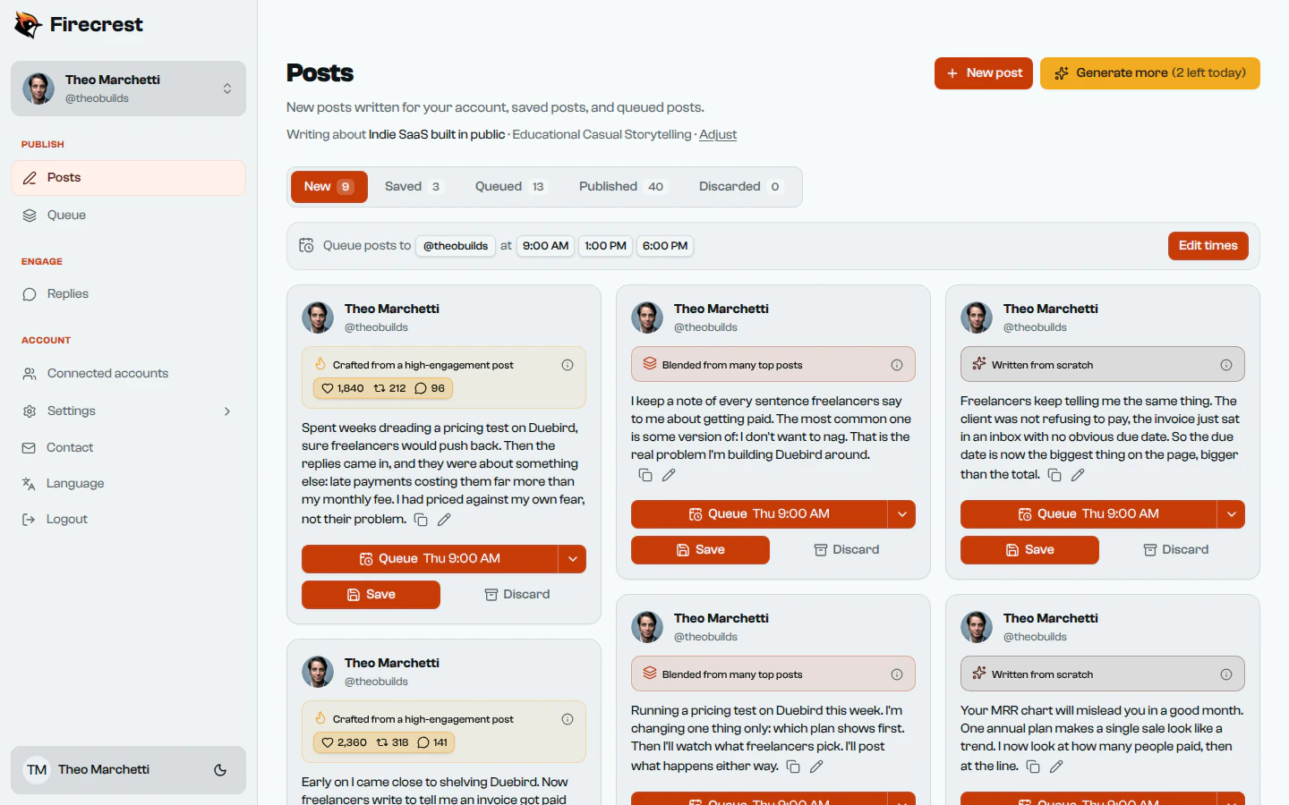 The Posts page with new posts for Theo Marchetti's account. The first was crafted from a high-engagement post and shows that post's engagement.