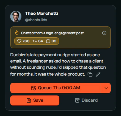 A post crafted from a high-engagement post, with that post's engagement shown, about how Duebird's late payment nudge started.