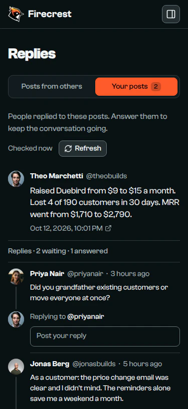 Theo's post about raising his price, with two replies waiting, one answered, and a reply box under the first.