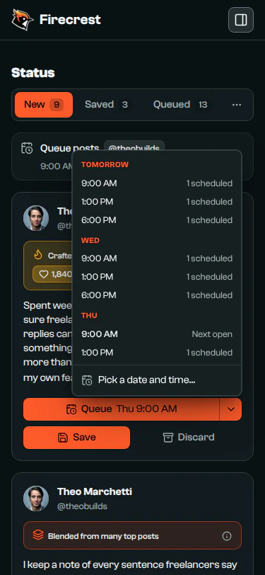 A post's posting-time menu, listing the next slots by day and how many posts each one already holds.