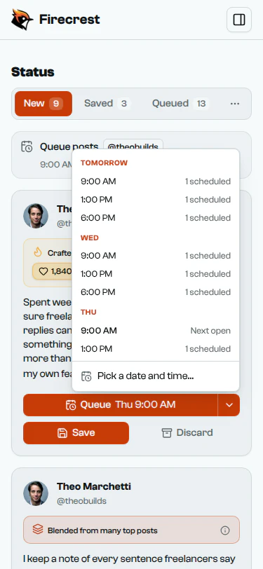 A post's posting-time menu, listing the next slots by day and how many posts each one already holds.
